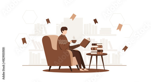 Illustration of a man reading a book while drinking coffee in a comfortable chair at home