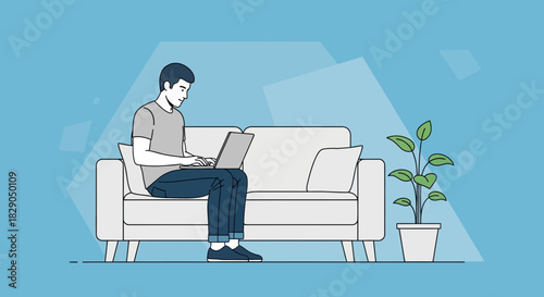 Illustration of a man working on a laptop while sitting on a sofa at home depicting remote work