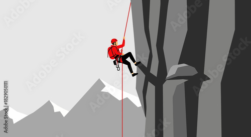 Illustration of a mountain climber rappelling down a steep cliff face outdoors during daylight hours