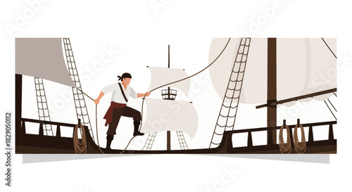 Illustration of a Pirate on a Sailing Ship during the Age of Exploration vector design