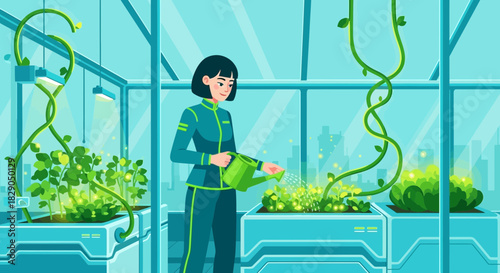 Futuristic farming concept with a woman watering plants in a high-tech greenhouse environment