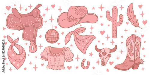 Set cowboy and cowgirl pink. Hand drawn romantic girly Valentines Day clipart. Y2K pink core.