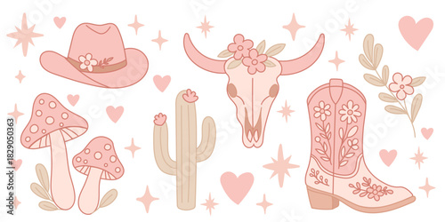 Set cowboy and cowgirl pink. Hand drawn romantic girly Valentines Day clipart. Y2K pink core.