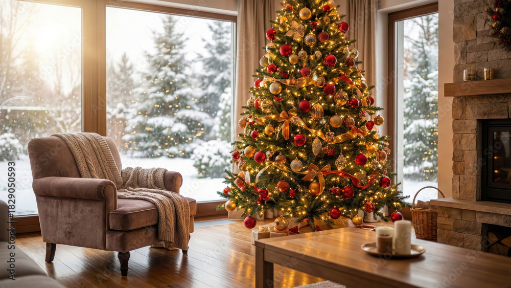 Fototapeta premium Cozy Modern Living Room Interior with Decorated Christmas Tree, Armchair, Fireplace, and Large Windows with Snowy Winter View