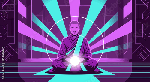 Monk in meditation with glowing orb art evokes inner peace and spiritual enlightenment