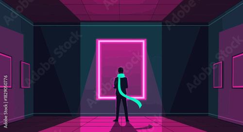 Neon Dreams: A solitary figure contemplates art in a vibrant gallery exhibit