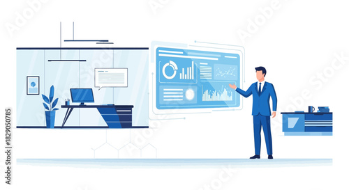 Professional business presentation with digital data analysis in an office space