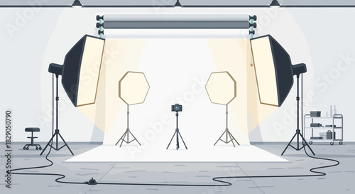 Professional Photography Studio Setup with Lights, Backdrop, and Camera Equipment Ready for a