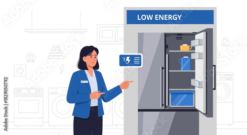 Promoting Energy Efficiency: Woman Explaining Low Energy Refrigerator Features for Sustainability