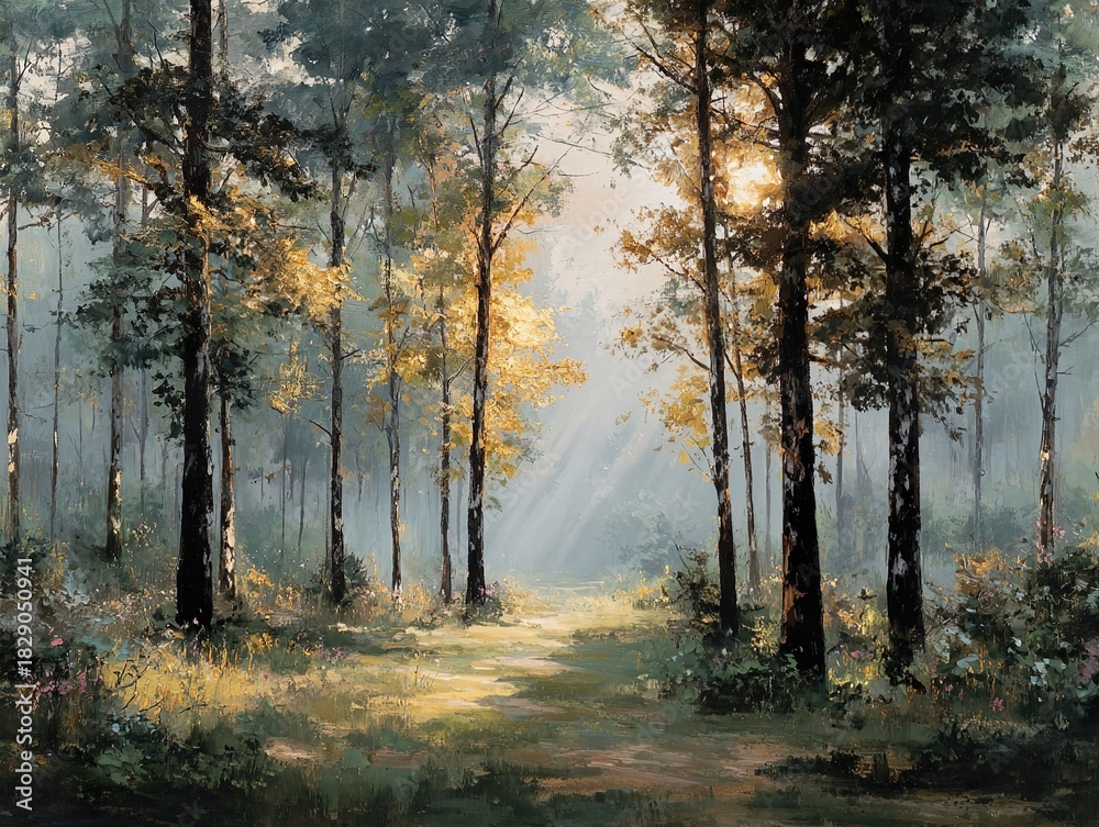 Fototapeta premium An oil painting depicting a forest path that is bathed in sunlight, with ethereal light rays (God rays) shining down on tall deciduous trees, lush green and golden autumn foliage, creating a serene na