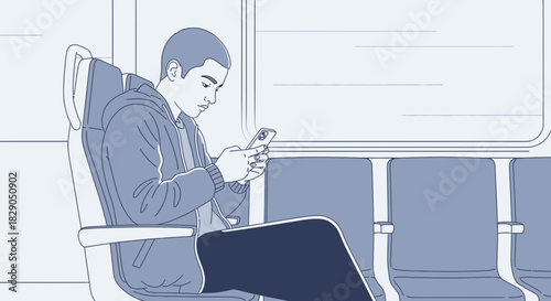 Modern urban life, Young man using smartphone during train ride in city commutes