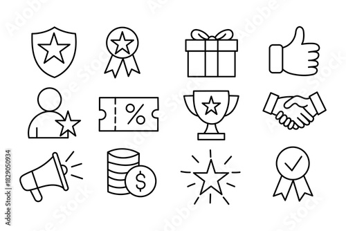 Icons of rewards, achievement, and recognition including star badge, trophy, gift, handshake, and money symbols for success, loyalty, and promotion by business and marketing.