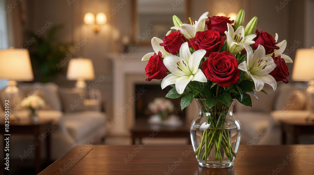 Obraz premium Elegant Floral Arrangement for Celebration Anniversary: Red Roses and White Lilies in a Cozy Home