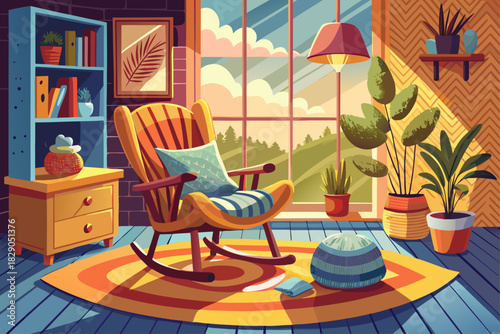vector of Cozy sitting area with rocking chair, knitted blanket, and pouf by the window...