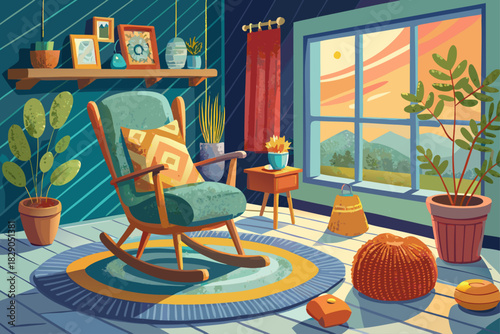 vector of Cozy sitting area with rocking chair, knitted blanket, and pouf by the window...