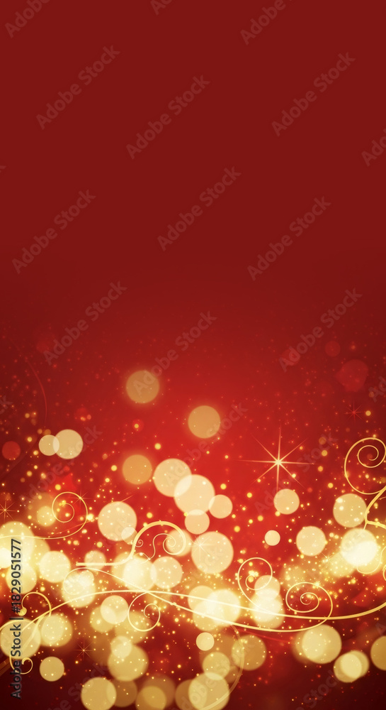 Obraz premium Festive red background with golden bokeh lights and elegant swirling patterns. Christian Christmas holiday concept for celebration and spiritual events.