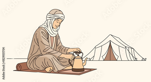 Traditional Bedouin man preparing tea in desert camp minimalist illustration