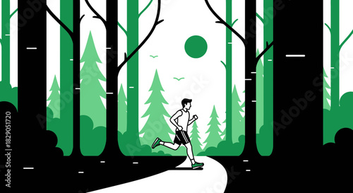 Vector illustration of a man running through a green forest with sunlight enhancing the natural