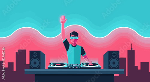 Vibrant DJ Nightlife Scene with Turntables, Speakers, and Retro-Futuristic Aesthetics