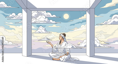 Woman in meditation with ethereal cloudscape evoking peace and spiritual contemplation surrounded