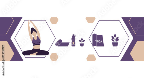 Yoga and wellness illustration with woman in lotus pose and yoga accessories design background