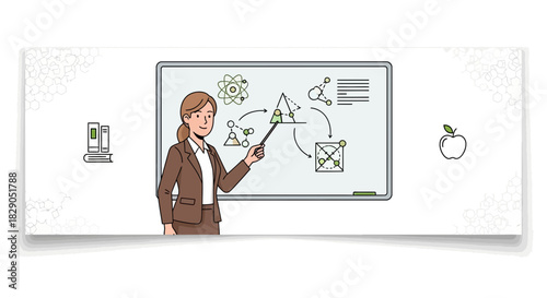 Woman teacher explaining science concepts on whiteboard for education illustration