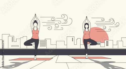 Yoga on the rooftop amidst city skyline, promoting health and wellness