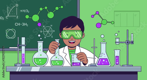 Young Scientist Performing Chemical Experiments with Various Laboratory Equipments in a Classroom