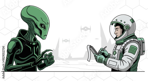 First contact meeting between an astronaut and a friendly alien in a space station