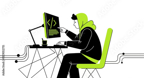 Freelance developer working on computer coding with black and lime green palette, working late