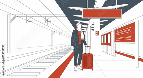Illustration of a traveler waiting at a train station with suitcase and scarf ready for departure