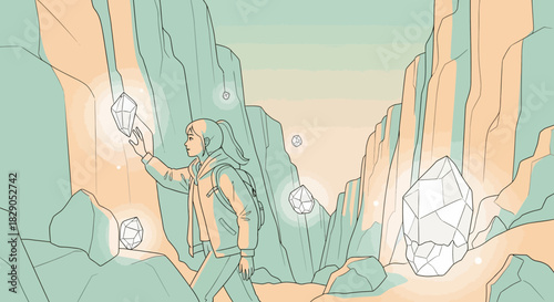 Illustration of a woman adventurer exploring a canyon with floating crystals landscape