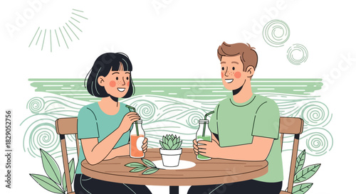 Illustration of a young couple enjoying refreshing drinks at a cafe with a scenic view