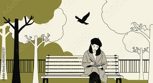Illustration of a woman writing in a park with trees and a bird creating a serene scene