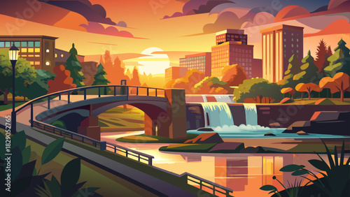 Very beautiful warm sunset light glows over Falls Park, illuminating flowing water, footbridges, and surrounding greenery, creating a peaceful urban nature scene in the heart of downtown Greenville.