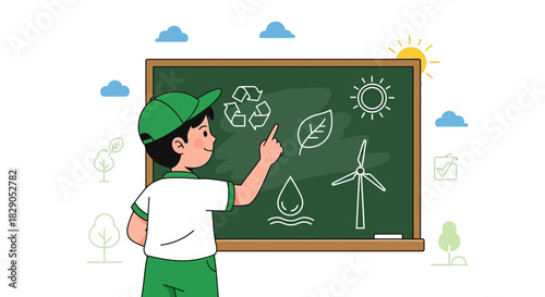 Illustration of a young student pointing to environmental icons on a blackboard depicting