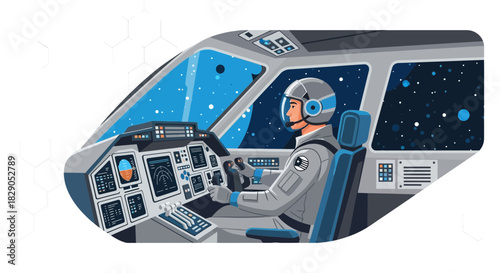 Illustration of an astronaut piloting a spaceship cockpit with control panels and outer space view
