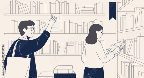 Illustration of two people in a library searching for books on bookshelves