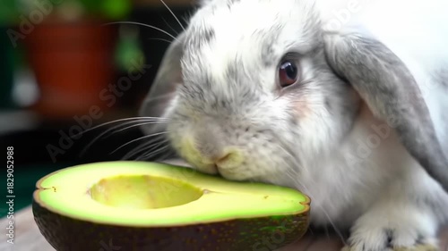A grey and white bunny sniffs a halved avocado on a wooden surface, with blurred greenery in the background