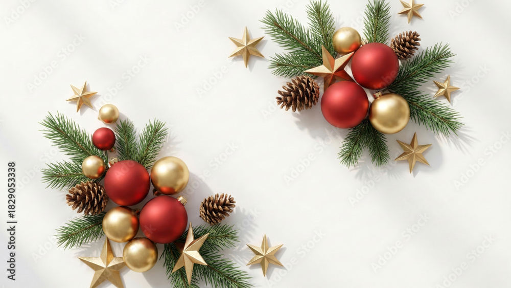 Fototapeta premium Minimalist Christmas Flatlay Background with Red and Gold Ornaments, Stars, and Pine Branches on White with Copy Space