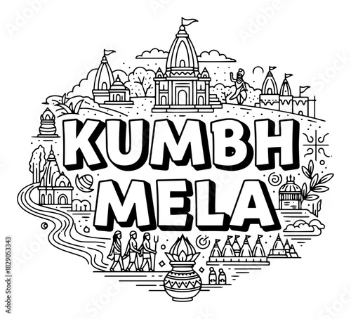 Kumbh Mela Hindu Festival Doodle Illustration Hand Drawn Indian Religious Celebration Poster
