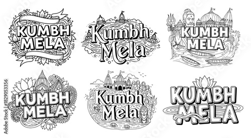 Kumbh Mela Logo and Badge Collection Hindu Festival Vector Emblem and Icon Set