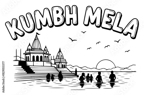 Kumbh Mela Ganges River Ghats Temple And Pilgrims Sunset Scene Outline Vector
