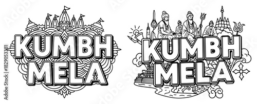 Kumbh Mela Emblems With Temples Sadhus Trishul And Festival Icons Outline Vector Set