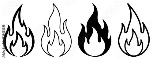 Flame Icons Fire Symbols Minimal Outline Monochrome Vector Set