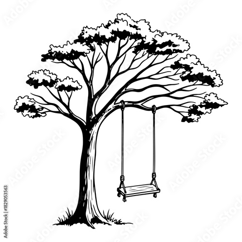 Old Tree With Wooden Swing Hand Drawn Monochrome Outline Vector Illustration