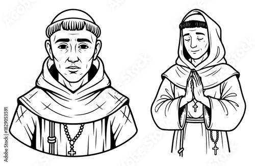 Christian Monk Portrait Set Hand Drawn Praying Friar Illustration