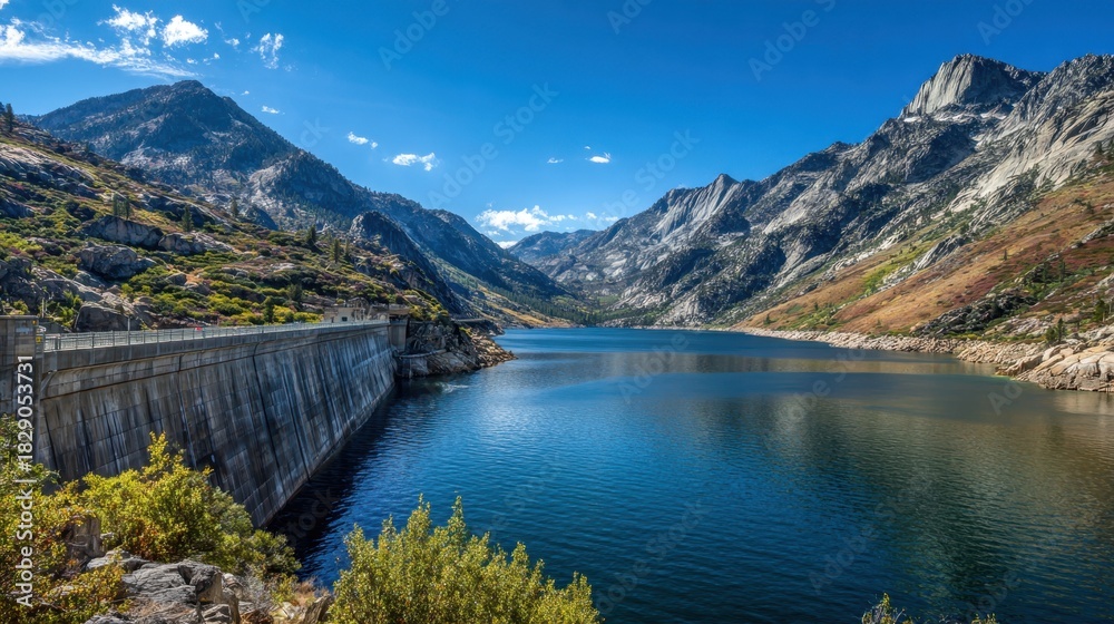 Obraz premium Majestic mountains frame a tranquil lake beside a large dam under a bright blue sky. This serene landscape showcases the natural beauty of the Sierra Nevada.