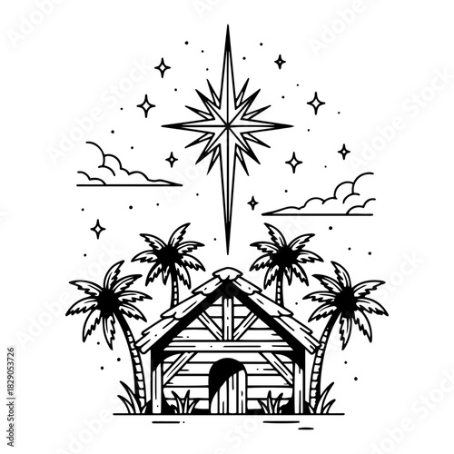 Nativity Stable With Star Of Bethlehem Palm Trees Night Sky Outline Vector Illustration