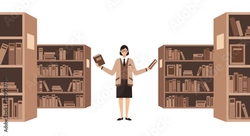 Illustration of a librarian standing between bookshelves holding two books in her hands